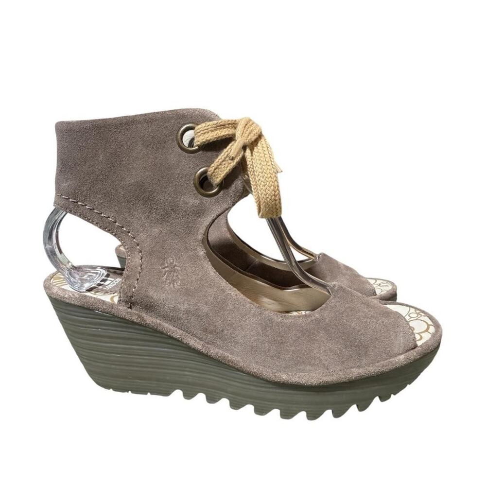 Fly London Yaffa Wedge Sandal Brown Suede Women size 39 US 8-8.5